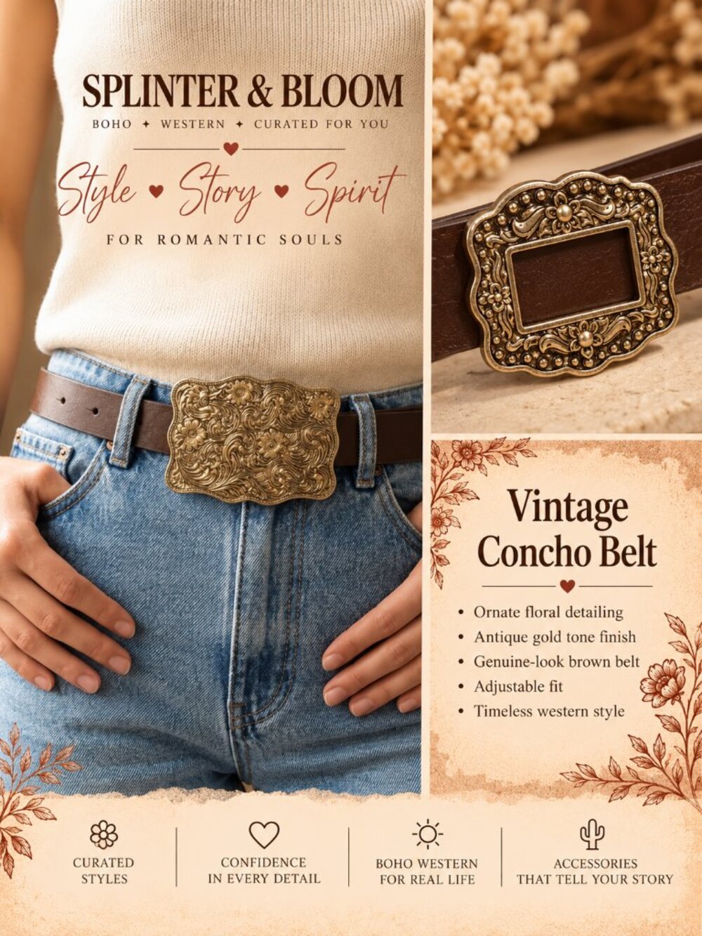 NWT Western Boho Brown Faux Leather Floral Concho Buckle Belt Vintage Cowgirl